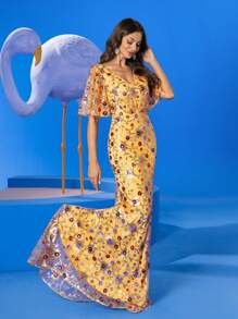 SUPGIR Váy trang trí sequin eo tay bèo cổ chữ V nhỏ thanh lịch, váy dạ hội trang trọng, dành cho khách dự tiệc cưới, tốt nghiệp, tiệc tối - Màu vàng - Xem 2