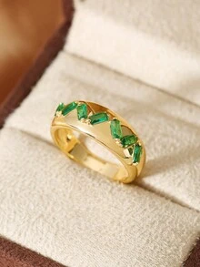 1 件珠宝精致时尚绿色锆石镶嵌戒指，优雅百搭 - 銀色 - 查看 3
