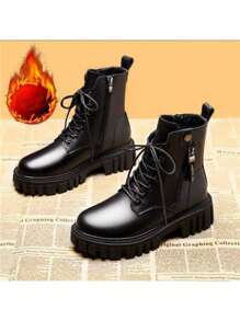 Women's Thick Bottom Thermal Lined Short Boots, Warm For Autumn/Winter, British Style Motorcycle Boots