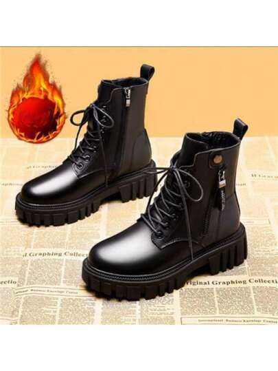 女士厚底保暖短靴，秋冬季保暖，英伦风摩托车靴