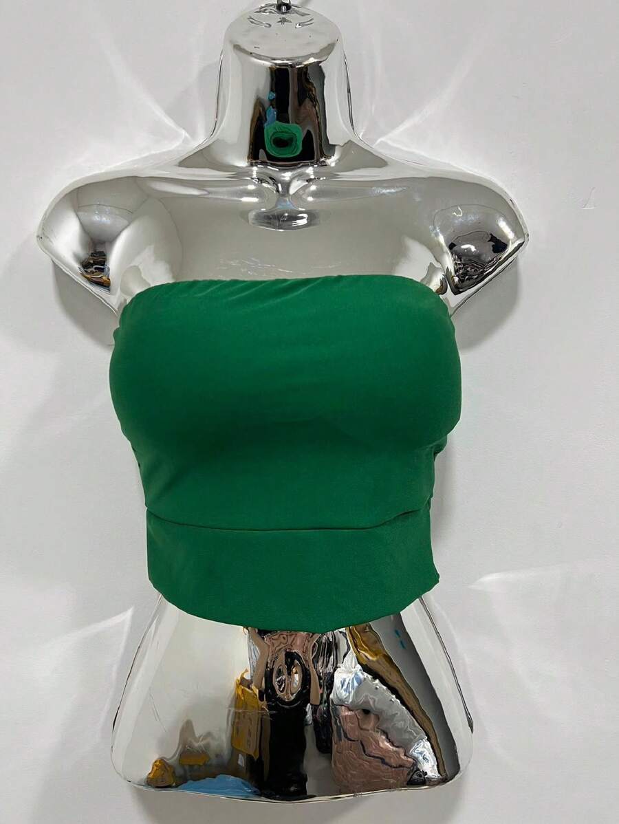 Cropped Top With Sweetheart Neckline And Padding / Women's Blouse - 橄欖綠 - 查看 1