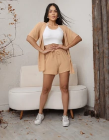 Women's 2-Piece Kimono Set With Shorts, Summer Fashion, Stylish Casual Look, Light And Comfortable Clothes For Everyday, 2024 - Màu be - Xem 2