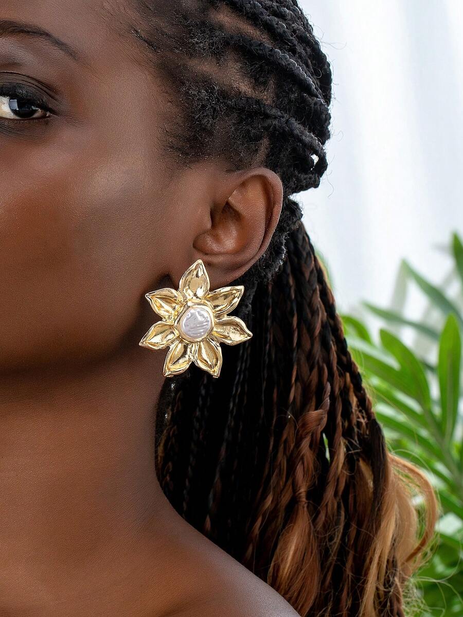 1 对人造珍珠装饰花朵个性耳环粗款珠宝超大耳环女士 - 金色 - 查看 1