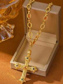 1pc Luxo Grande Tamanho Vintage Cobre Metal Galvanizado Ouro Cruz Pingente Colar, Unissex, Adequado Para Vida Diária, Casamento E Festa, Pode Ser Usado Sozinho Ou Em Camadas, Também Pode Ser Dado Como Um Presente. Vem Com Bolsa De Flanela