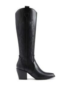Women's Embroidered Western Boots Pull On Zipper Chunky Heel Pointed Toe Cowgirl Cowboy Boots Party Festival Knee High Boots - 黑色 - 查看 5