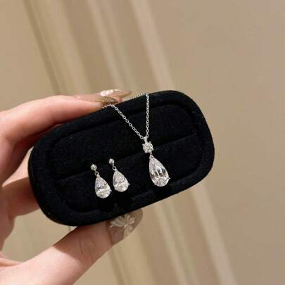 1 pieza Juego de collar con colgante en forma de gota y pendientes a juego de plata de ley 925, estilo delicado y sofisticado, estilo simple, collar gargantilla para mujer