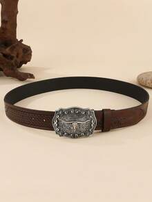 1 件通用西部牛仔扣腰带，印有复古波西米亚风图案，休闲 PU 皮革带铆钉，时尚，适合日常搭配牛仔裤 - 咖啡棕 - 查看 3