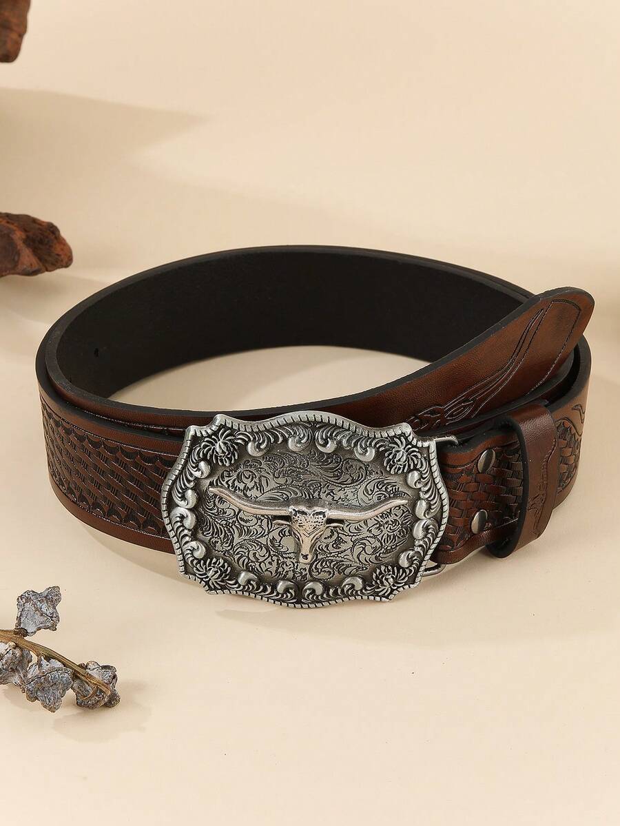 1 件通用西部牛仔扣腰带，印有复古波西米亚风图案，休闲 PU 皮革带铆钉，时尚，适合日常搭配牛仔裤 - 咖啡棕 - 查看 1
