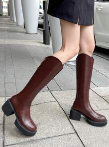 女士红色高跟厚底圆头过膝靴，时尚新款舒适冬季户外靴 - 棕色 - 查看 2