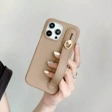 1 Light Brown Luxury Litchi Pattern Wristband PU Leather Phone Case Compatible With IPhone 16 15 14 Plus 13 12 11 Pro Max - Light Brown-003 - View 3