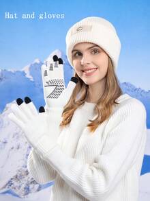 二合一女士针织帽和触屏手套套装，休闲拉法帽，羊毛保暖，适合滑雪和骑自行车等户外运动，日常使用 - A - 查看 14
