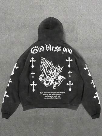 Men Vintage Washed Cross & Letter Graphic Hoodie, Casual Hip Hop Style, Emo Style, 2000s Style, Fall, Long Sleeve Top