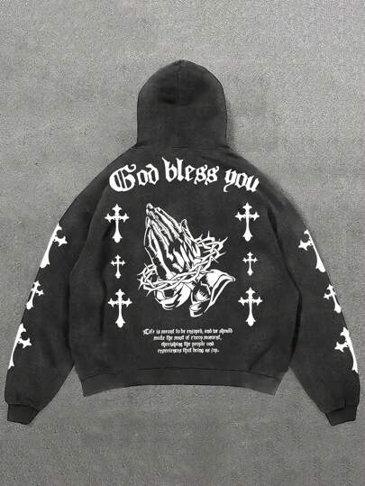 Sudadera con capucha vintage lavada con gráfico de cruz y letra para hombres, estilo hip hop casual, estilo emo, estilo de los años 2000, otoño