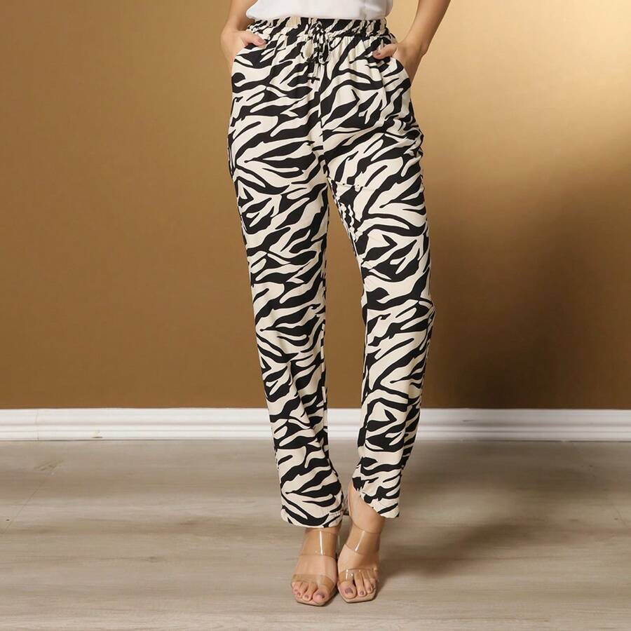 Women's Viscose Trousers With Stripes And Front Pockets, New Premium Model M-5 - 黑與白 - 查看 1