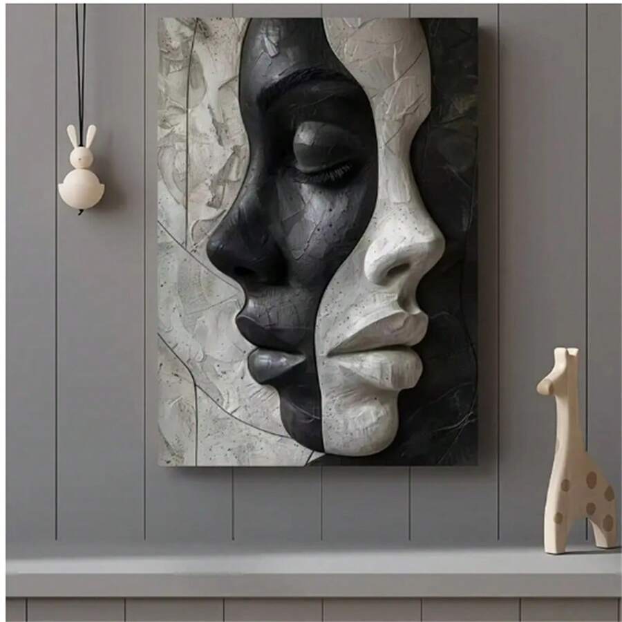 1 Peça Impressão em Tela de Arte Abstrata Moderna de Rostos Femininos - Decoração de Parede Chique Preta e Branca para Sala de Estar, Quarto, Café e Cozinha - Pôster com Design 3D Sem Moldura, Ideia de Presente Ideal (Sem Moldura)