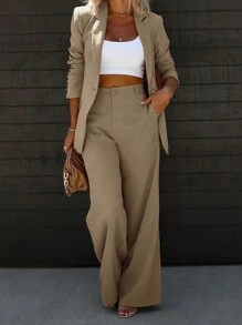Chicsale Elegant Business And Leisure Two-Piece Suit, Single-Button Lapel Suit Jacket And Slim Trousers, Women's Wear - 卡其色 - 查看 1