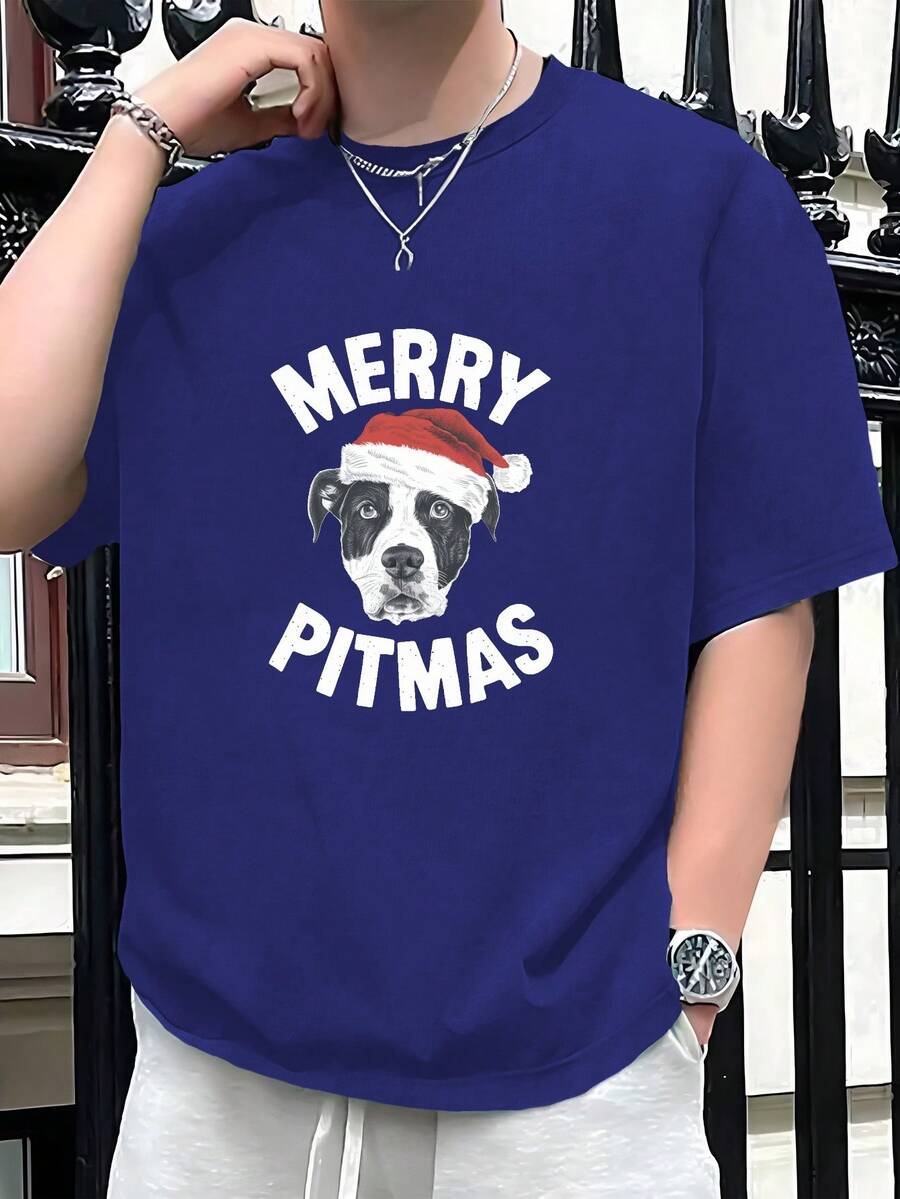 Santa Holiday MERRY Christmas PITMAS 180g Pure Cotton Men's Tshirt Comfort Fit - 藍色 - 查看 1