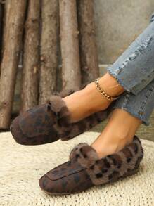 Dames Platte Luipaard Print Puntige Teen Slip-On Schoenen, Warme Voering Binnen/Buiten Casual Antislip Fuzzy Schoenen Voor De Winter