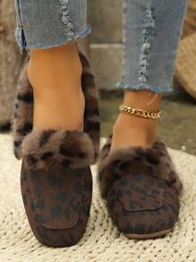 Dames Platte Luipaard Print Puntige Teen Slip-On Schoenen, Warme Voering Binnen/Buiten Casual Antislip Fuzzy Schoenen Voor De Winter