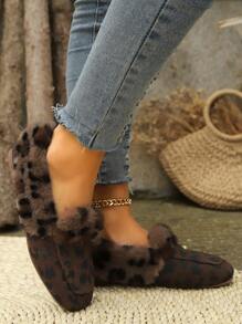Dames Platte Luipaard Print Puntige Teen Slip-On Schoenen, Warme Voering Binnen/Buiten Casual Antislip Fuzzy Schoenen Voor De Winter