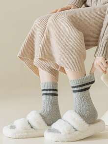 5 双女士时尚双条纹复古学院风舒适透气中筒袜 - 彩色 - 查看 4
