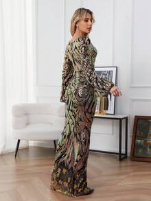 Đầm dạ hội sang trọng cổ tròn tay đèn lồng đính hoa sequin dành cho nữ, Đầm dạ hội bán trang trọng dài tay thanh lịch, dành cho sinh nhật, khách dự tiệc cưới, tiệc tốt nghiệp - Vàng - Xem 3