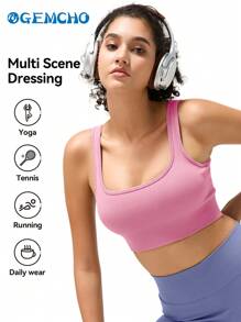 Women's Solid Color Square Neck Removable Padded Sports Bra Yoga Fitness Tank Top - Pink - View 2