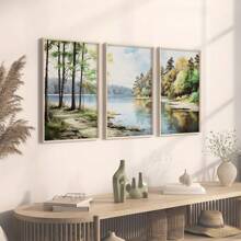 3 件/套乡村森林湖泊风景三联画壁画 - 风景海报，帆布印刷品，适合客厅、办公室和卧室，是室内装饰的理想礼物 - 高品质壁画，秋季和春季装饰，无框 - 3PCS - 查看 1