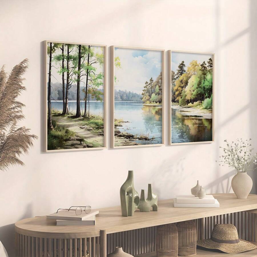 3 件/套乡村森林湖泊风景三联画壁画 - 风景海报，帆布印刷品，适合客厅、办公室和卧室，是室内装饰的理想礼物 - 高品质壁画，秋季和春季装饰，无框 - 3PCS - 查看 1