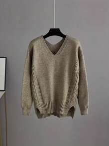 2pcs/Set Women Casual French Rib Knit Sweater And Knit Pants Set - Khaki - View 2