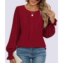 Women's Blouses Tops Dressy Long Sleeve Ruffle Shirt Fall Travel Outfits Business Casual Elegant Tops Hide Tummy Burgundy - 酒紅色 - 查看 1