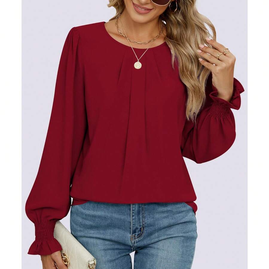 Women's Blouses Tops Dressy Long Sleeve Ruffle Shirt Fall Travel Outfits Business Casual Elegant Tops Hide Tummy Burgundy - 酒紅色 - 查看 1
