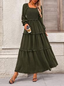 Women's Long-Sleeved Floor-Length Dress Casual Square Collar Layered Pleats Flowy Pocket Wedding Guest Dress - 軍綠色 - 查看 4