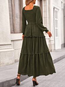 Women's Long-Sleeved Floor-Length Dress Casual Square Collar Layered Pleats Flowy Pocket Wedding Guest Dress - 軍綠色 - 查看 5