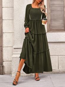 Women's Long-Sleeved Floor-Length Dress Casual Square Collar Layered Pleats Flowy Pocket Wedding Guest Dress - 軍綠色 - 查看 2