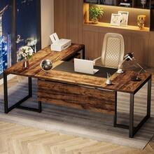 LITTLE TREE 70.8 Inches Executive Office Desk With File Cabinet, Large L Shaped Executive Desk With Storage Cabinet, Modern Office Desk With Drawers For Home Office(Grey Black) - 棕色 - 查看 2