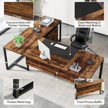 LITTLE TREE 70.8 Inches Executive Office Desk With File Cabinet, Large L Shaped Executive Desk With Storage Cabinet, Modern Office Desk With Drawers For Home Office(Grey Black) - 棕色 - 查看 3