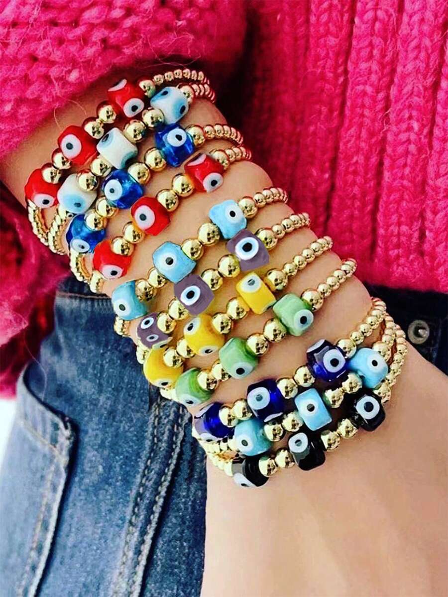 1 件女式玻璃邪眼串珠手链，金色珠子弹性可调节链条适合搭配各种服装 - 彩色 - 查看 1