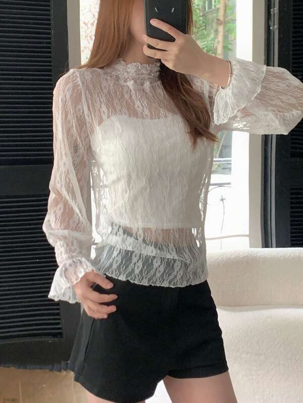 Solid Ruffle Sleeve Sheer Lace Top