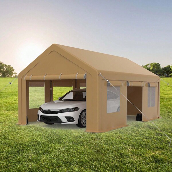 13x20FT Portable Garage - Heavy-Duty Carport With Galvanized Frame And 180g PE Waterproof Canopy, Featuring 4 Doors (2 Side Doors) And 4 Windows - Ideal For Pickup Trucks And Boats