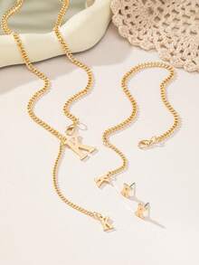 1 套 2024 流行时尚金属链 26 字母项链、手链和耳环首饰套装，适合女性日常佩戴的百搭配饰 - 金色 - 查看 116