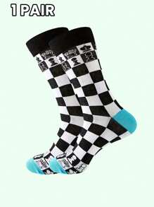 1/2 Pairs Of Chess Printed Mid-Tube Socks Comfortable Breathable Checkerboard Socks Fun Socks With Personalized, Fall - Multicolor - View 9