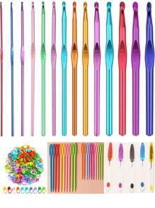 14/20 pièces set de crochets en aluminium, taille 2 mm-10 mm, comprend crochets, ciseaux à laine, marqueurs, aiguilles en plastique, couleurs aléatoires, idéal pour les débutants, outils de tricot