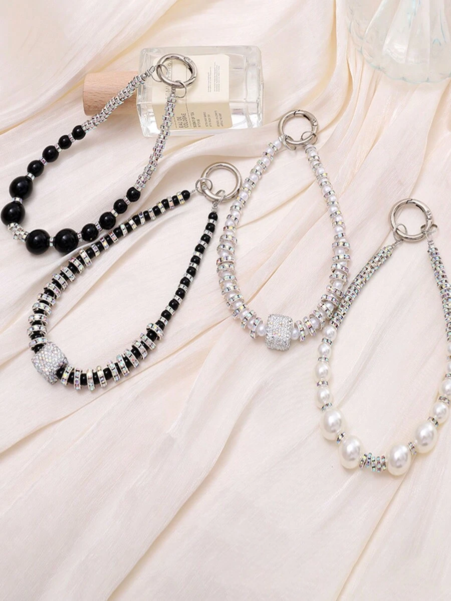 1 件奢华手工串珠手机挂绳吊饰，水钻装饰，多功能圆形或方形扣，随机发货 - 彩色 - 查看 1