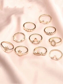 Bộ 10 chiếc nhẫn đính đá đơn giản thanh lịch có thể điều chỉnh hình mặt trăng, ngôi sao, bông tuyết và vương miện, phù hợp cho phụ nữ đeo hàng ngày - Vàng - Xem 3