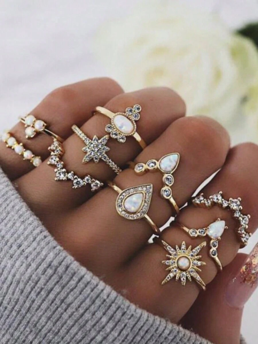 Bộ 10 chiếc nhẫn đính đá đơn giản thanh lịch có thể điều chỉnh hình mặt trăng, ngôi sao, bông tuyết và vương miện, phù hợp cho phụ nữ đeo hàng ngày - Vàng - Xem 1