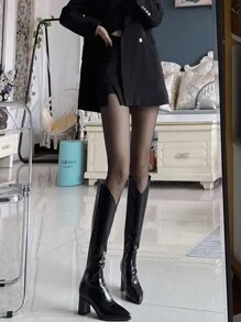 SHEIN ICON 搭配上衣的理想之选，2024秋季新款女士粗跟黑色靴子，V型缺口设计长靴，短款马靴风格，百搭，派对必备 - 黑色 - 查看 5