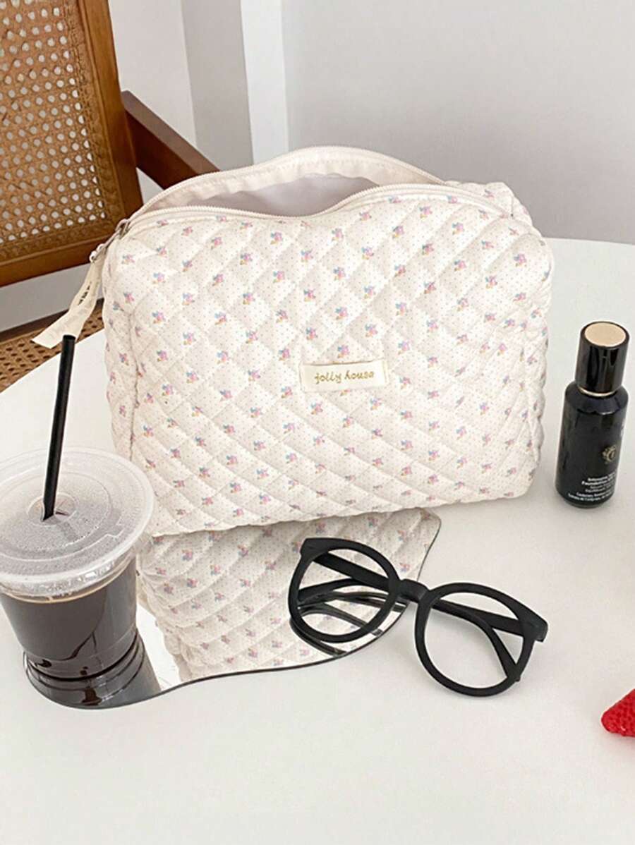 Ditsy花卉圖案大容量便攜式拉繩收納袋，化妝包內部插入袋（拉鍊方向隨機） - 米色 - 查看 1