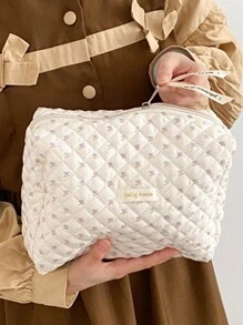 Ditsy花卉圖案大容量便攜式拉繩收納袋，化妝包內部插入袋（拉鍊方向隨機） - 米色 - 查看 4