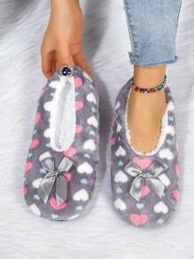 女士冬季毛绒室内拖鞋家居休闲鞋，心形和蝴蝶结装饰蓬松温暖家居便鞋